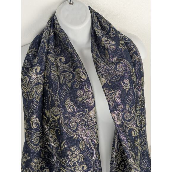 Elegant Navy & Gold Paisley Scarf ~ 72" Long ~ Soft Fringe Wrap Lightweight - Picture 4 of 8